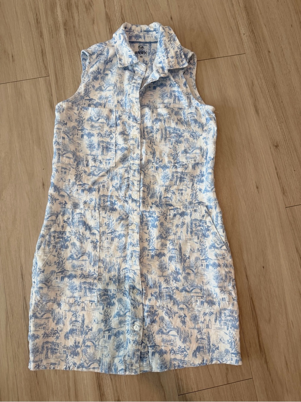 RNWK Sleeveless Button-Front Dress in White and Light Blue Toile Print